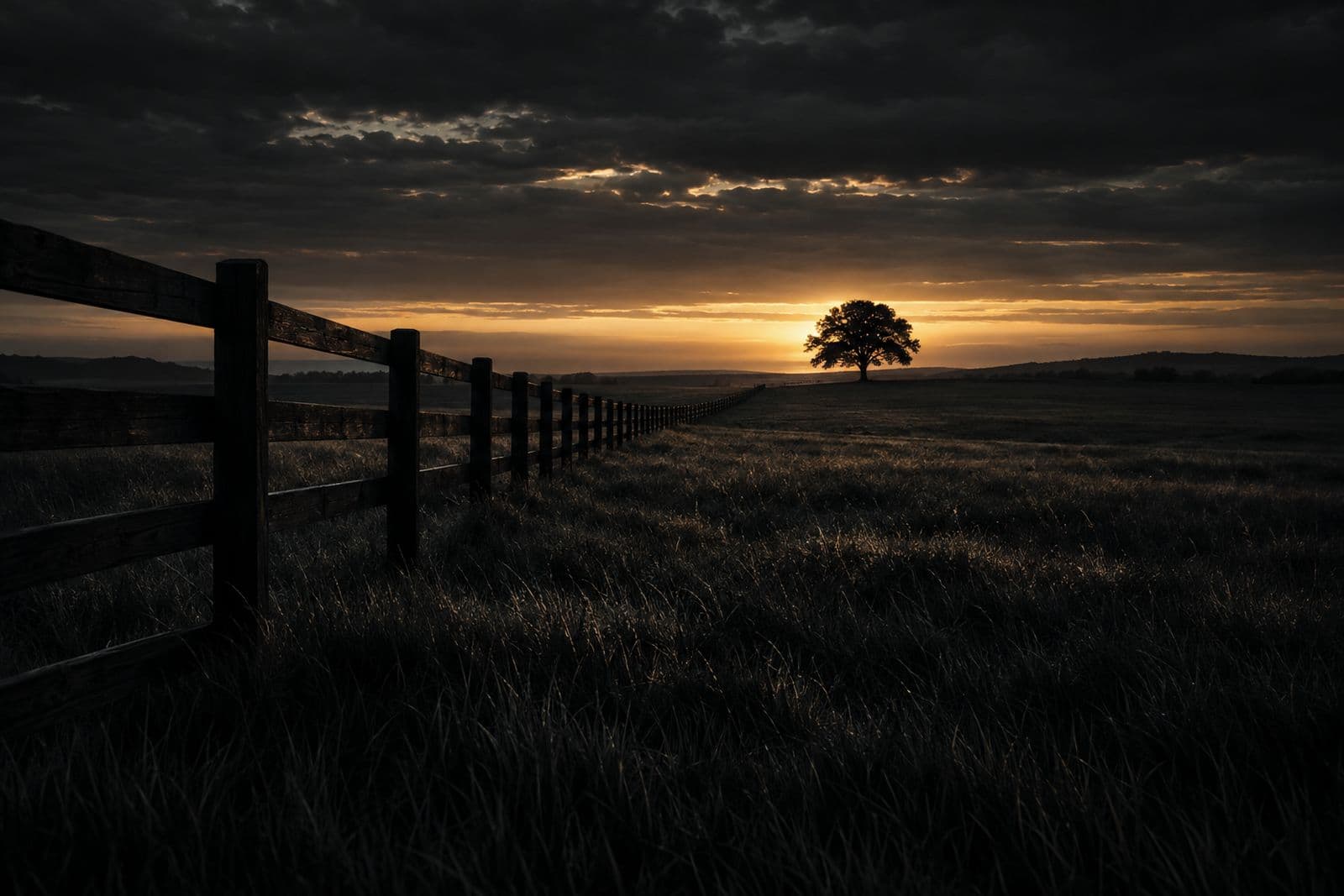 Campo abierto al atardecer con una cerca y un árbol en el horizonte